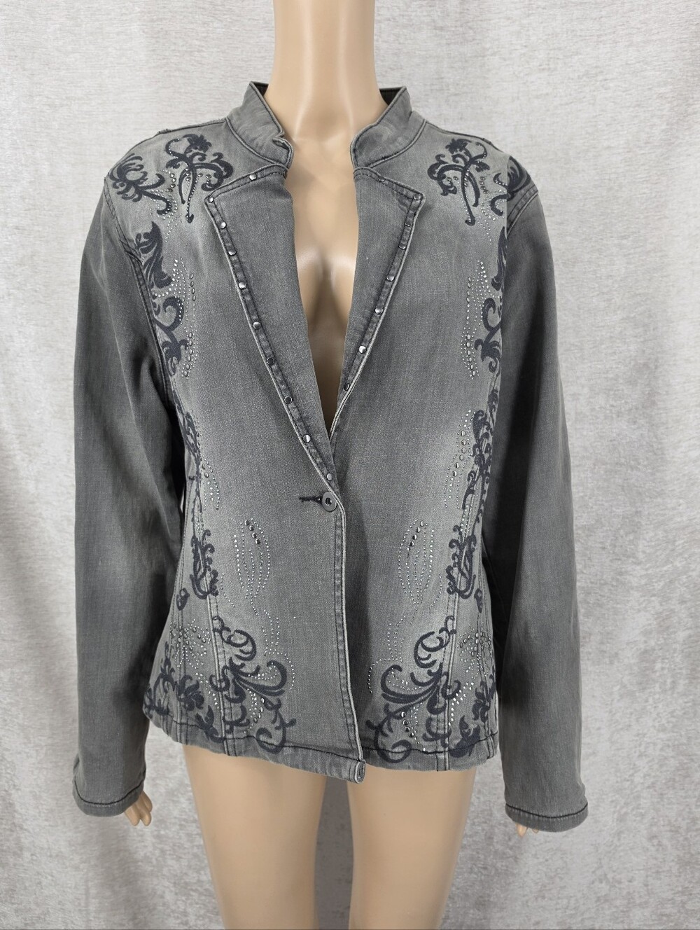 Reba Autumn Edge Embroidered Studded Gray Black Wash Stretch Denim Jean Jacket